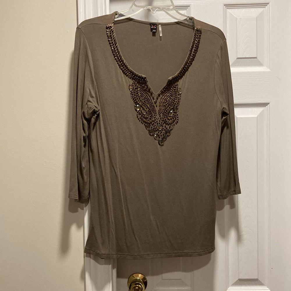 AVA Olive Green 3/4 Sleeve Embellished Top W/Brass/Copper/Smokey Beads - Sz M